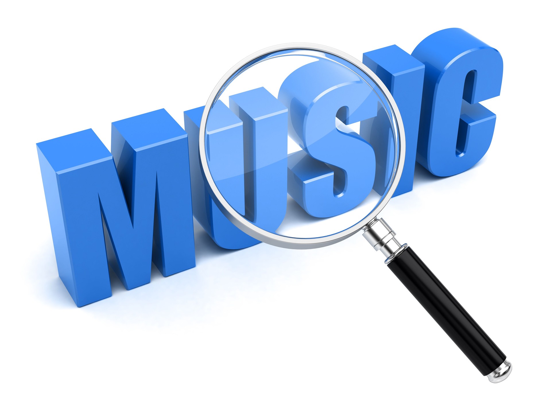 Music search concept: a magnifying glass over bold 3D blue text on white